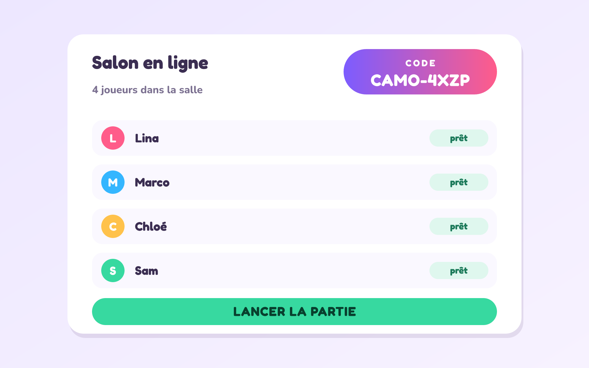 Le salon de partie Kamelio : le code à partager et les quatre joueurs prêts