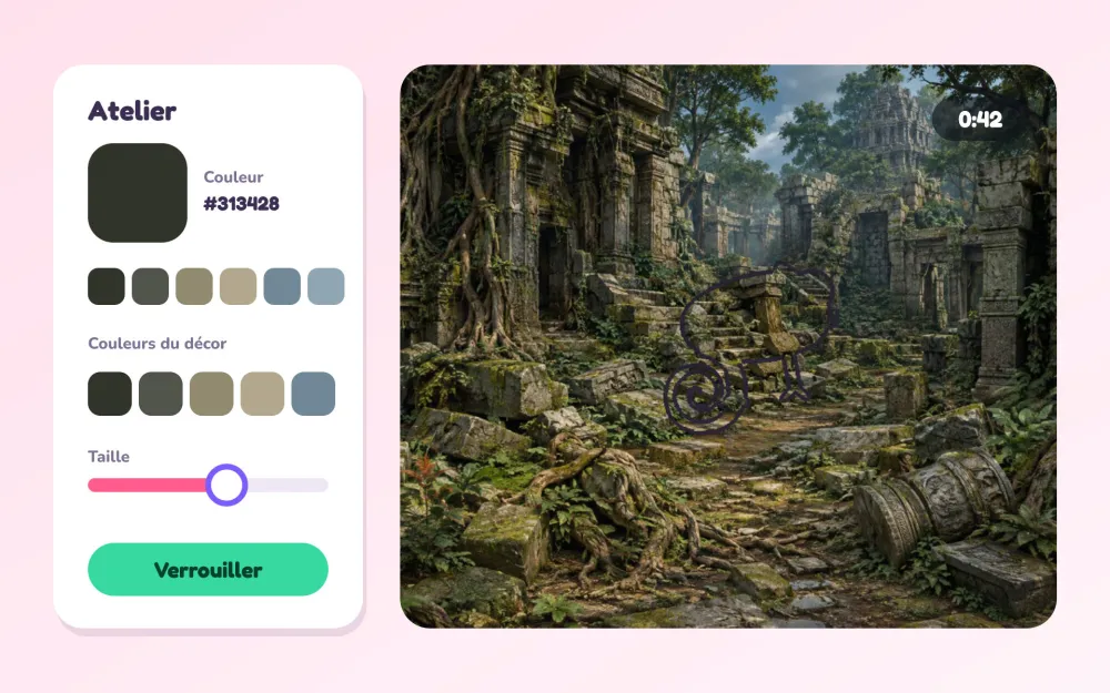L'atelier de peinture : la palette des couleurs du décor et le caméléon en cours de camouflage