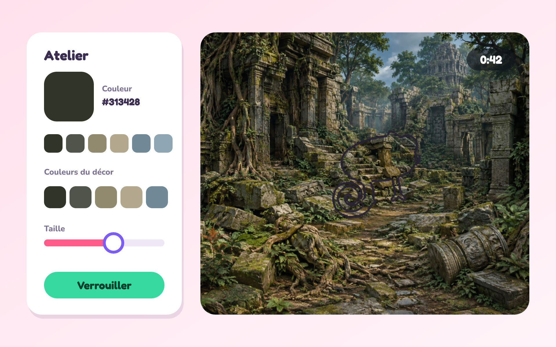L'atelier de peinture : la palette des couleurs du décor et le caméléon en cours de camouflage